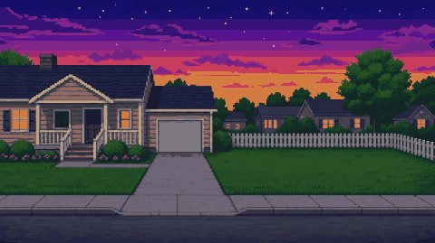 a suburban front yard at dusk with a red mailbox